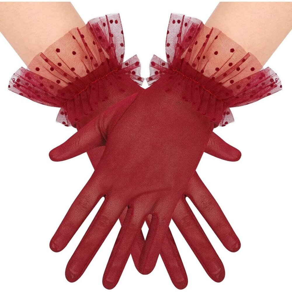 Women's Short Lace Burgundy Sheer Mesh Tea Party Prom Gloves Banquet Costume